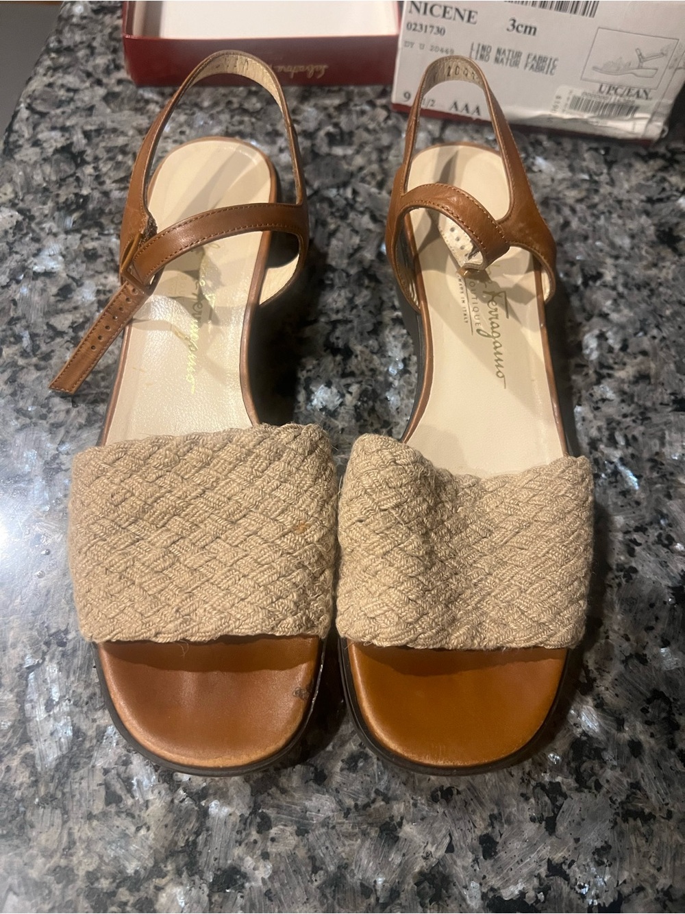 Salvatore Ferragamo Beige Braided Strap Leather Slingback Sandals US Women’s 9.5